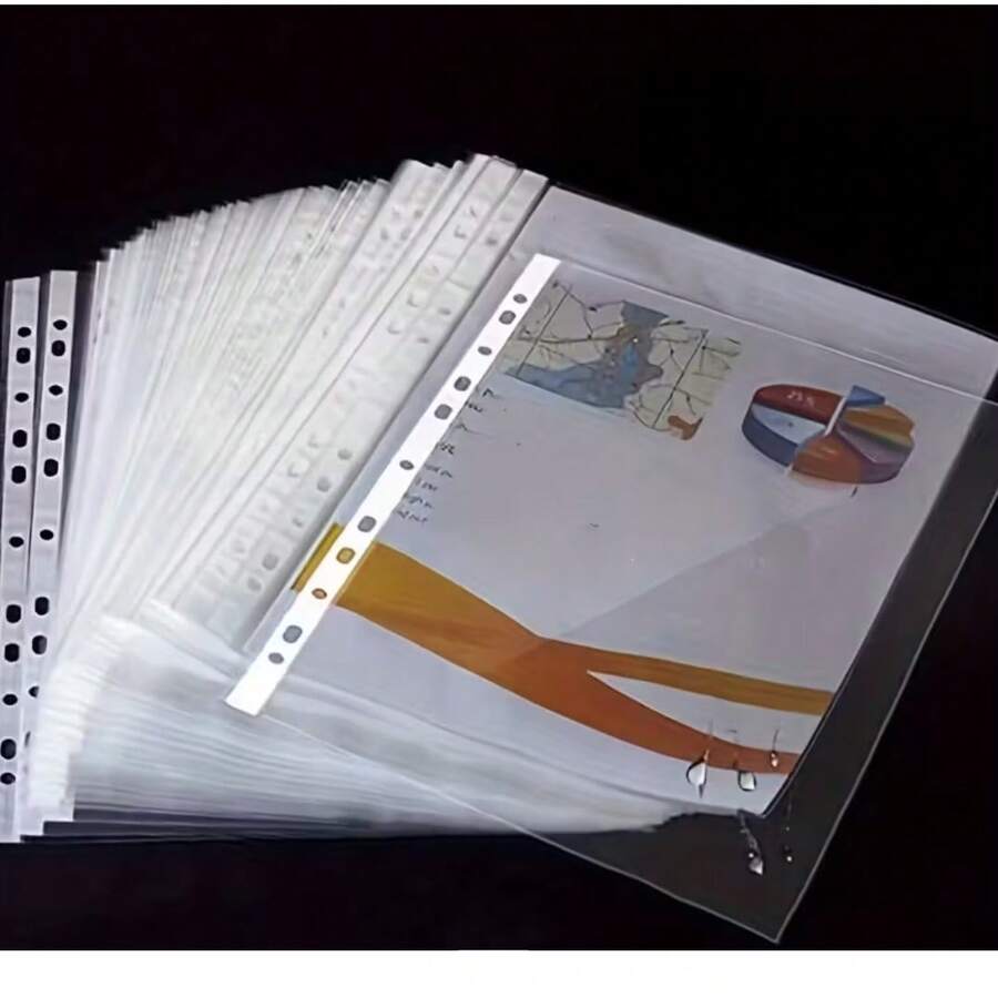 50/100/200个 A4 11孔活页夹口袋,透明PP塑料文件套,防水耐用,适用于三环活页夹,办公、学校、家庭收纳整理 - 11孔透明文件袋 - 查看 1
