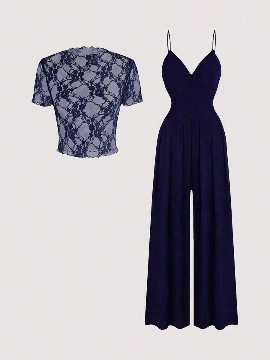 Conjunto de 2 piezas de mujer con tirantes finos y ajustado, moda de verano - Azul marino - Ver 1