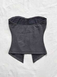 Top tubo de punto para vacaciones para mujeres, estilo casual y ajustado, decoración de lazo elegante en la parte delantera central, abertura frontal en el bajo, para fiesta o té de la tarde, para capas en otoño/invierno - Gris - Ver 2