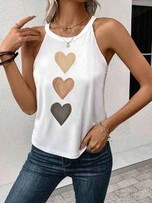 Top sin mangas con estampado de corazón, adecuado para el verano, top ajustado de mujer para volver al colegio, casual - Blanco - Ver 3