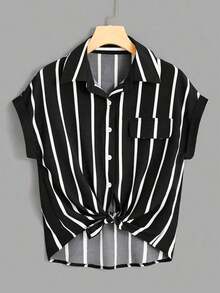 Camisa con estampado de rayas de manga murciélago - Blanco y Negro - Ver 1