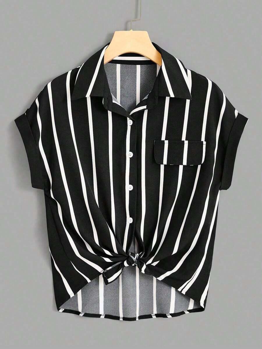 Camisa con estampado de rayas de manga murciélago - Blanco y Negro - Ver 1