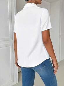 Blusa naranja casual de manga larga ajustada con cuello vuelto y bolsillo para mujer - Blanco - Ver 2
