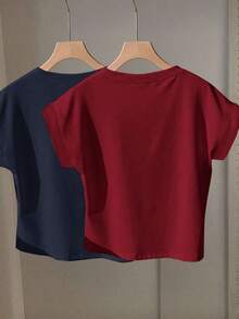 2 piezas Camiseta de cuello redondo de manga corta en negro y rojo, adecuada para el verano - Multicolor 11 - Ver 2