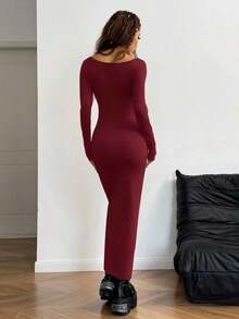 Vestido ajustado de manga larga con cuello cuadrado, de punto básico gris para mujer, para primavera/verano - Burdeos - Ver 2