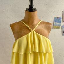 New Elegant Romantic Wedding Guest Solid Color Backless Multi-Layer Ruffle Chiffon Mini Dress, Suitable For Bohemian, Boho, Romantic Floral, Vacation, Floral Party, Date, Valentine's Day, Easter, Carnival, Afternoon Tea, Beach, Cruise, City Street Holiday,Summer Dresses For Women - Beis - Ver 4