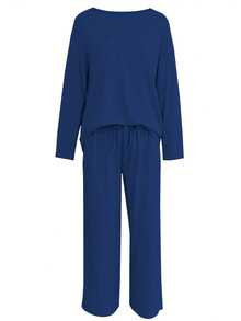 Relaxed Solid Color Pants Set, Long-Sleeved Round-Neck Top And Wide-Leg Pants, Women's Clothing - Màu xanh hải quân - Xem 3
