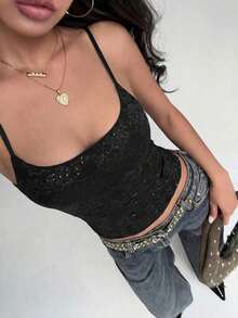 Camiseta de mujer nueva con encaje y aplicación de lentejuelas, ropa de calle sexy - Negro - Ver 6