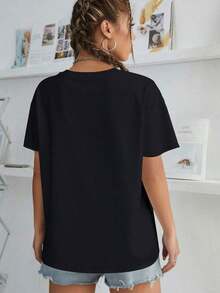 Women's Crew Neck T-Shirt, 100% Cotton, Matcha Lover Social Club Cup Brand, Graphic Tees For Everyday Wear, Versatile Casual Tops, Streetwear, Back To School Outfits, School T-Shirts - 黑色 - 查看 2
