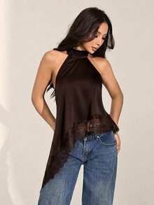 Top halter con escote trasero, bajo asimétrico y parches de encaje, sexy para el verano - Marrón - Ver 8
