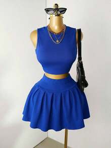 2 piezas Conjunto para mujer con top de tirantes con corazón calado y falda plisada - azul real - Ver 4