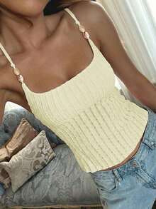 de tirantes ajustada de unicolor casual para mujer Vaiaye, con decoración de concha, textura de jacquard, adecuada para la playa, el Día de San Patricio y el trayecto al trabajo en verano - Amarillo - Ver 1