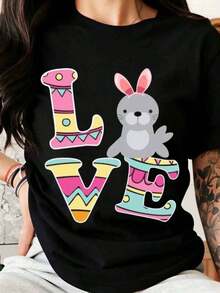 Women's Easter Bunny Print T-Shirt, Colorful And Modern Design, Casual Spring Style - Black - View 7