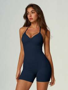 UONNOU Peach Butt Lifting Fitness Jumpsuit, Halter Neck V-Neck Ruched Front Yoga Jumpsuit - Blue - View 5
