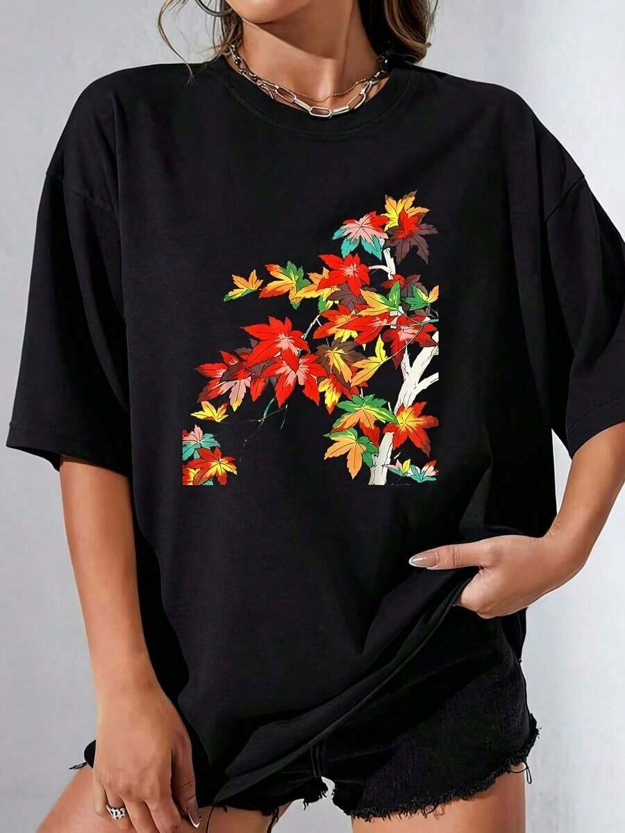 Women's Sets Maple Leaves Autumn Momiji Japanese Art Floral Painting Women's T-Shirt 100% Polyester Plus Size Casual Fun Graphic Print Short Sleeve 1 Piece Novelty Crew Neck Top - 黑色 - 查看 1