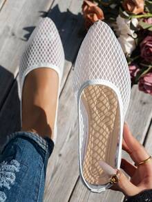 Giày sandal bệt nữ xỏ chân, thiết kế mũi nhọn lưới rỗng đơn giản phong cách casual, giày thuyền lưới bệt màu trắng, kiểu mũi nhọn, đi du lịch, hằng ngày - trắng - Xem 2