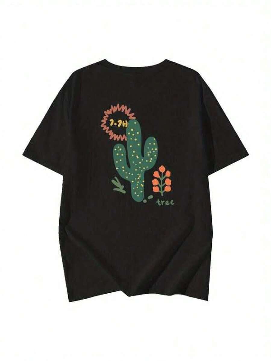 2026 Camiseta Negra para Mujeres - Ajuste Casual Holgado, Divertido Estampado de 'Cactus', Manga Corta, Cuello Redondo, Ligera y Transpirable para el Verano, Envío Nacional para Mujeres, Blusas de Manga Larga para Mujeres 1pc 180g Unisex Loose Crewneck T-Shirt - Negro - Ver 1