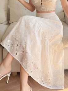 Falda elegante de mujer con volantes bordados y dobladillo calado en color albaricoque - Blanco - Ver 5