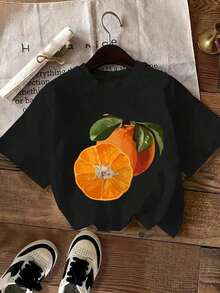 Playera para Mujer 100% Algodón Transpirable | Camiseta Casual de Manga Corta Rosa Brillante para Mujeres - Top de Cuello Redondo de Suave con Estampado Geométrico de Rodajas y Hojas de Naranja Vibrante, Lavable a Máquina para Atuendo Casual de Primavera Verano, Camiseta con Estampado de Frutas, Tela para Todas las Estaciones, - Ideal para el Verano - Negro - Ver 2