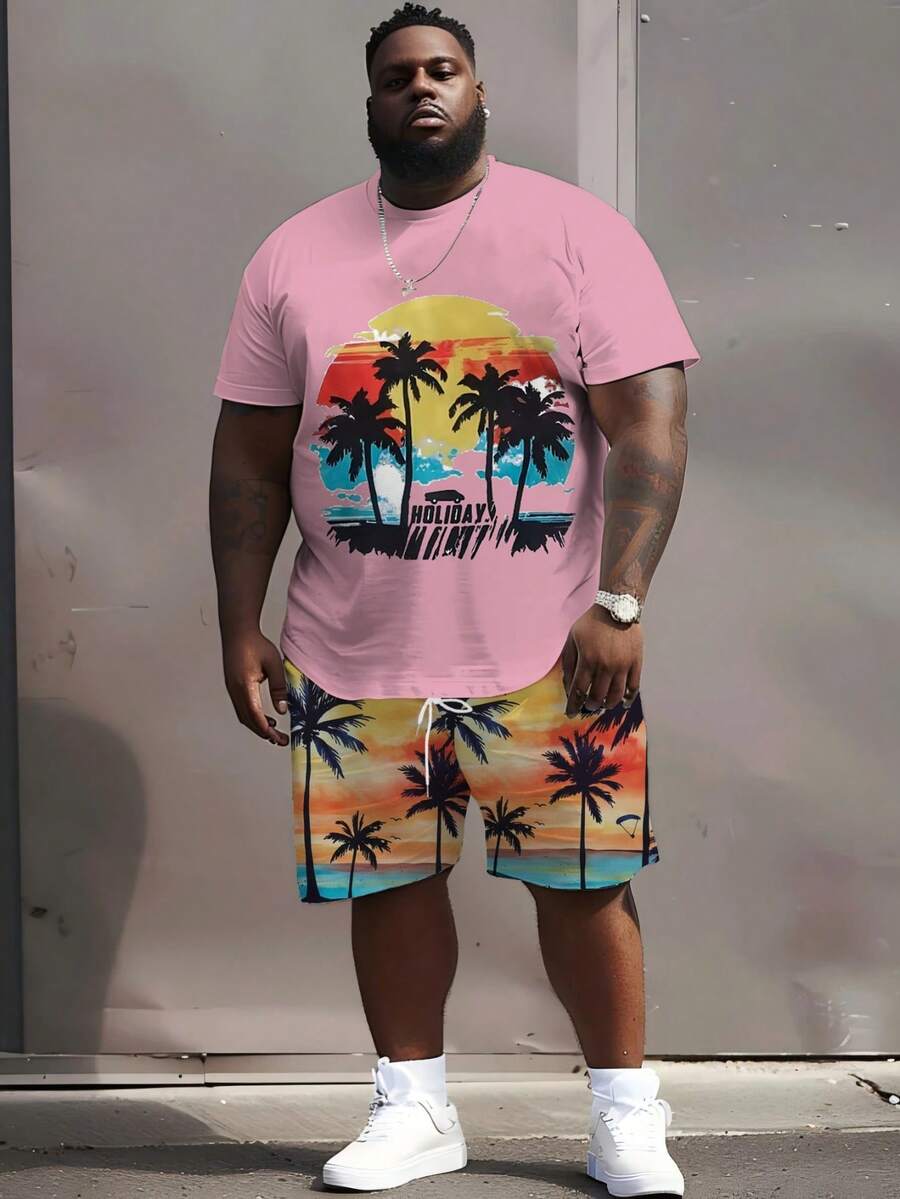 Plus Size Men's Casual Sports Set - "Beach Style Sunset Palm Tree" Pattern Design, Polyester Knit Fabric, Round Neck, Drawstring Shorts, Pockets, Regular Fit, Suitable For Plus Size - Pink - View 1