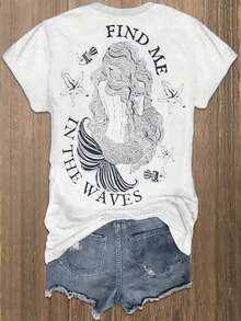 Camiseta de algodón de 220 g/m² para mujer - Camiseta con estampado frontal con la frase "Find Me Where The Waves" - Camiseta suave para uso diario casual, ideal para la playa y el descanso - Lavable a máquina, cuello redondo, camiseta de playa, estampado artístico de sirena, tela transpirable. - Blanco - Ver 3