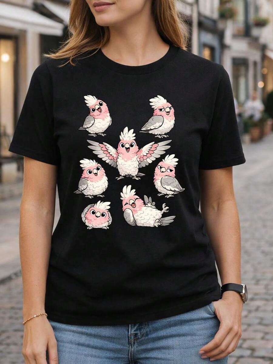 Camiseta divertida con diseño de dibujos animados de un loro rosa, regalo divertido para amantes de las aves, camiseta gráfica de loro lindo. Camiseta unisex de algodón puro de 220 g, peso ideal para todas las estaciones, adecuada tanto para hombres como para mujeres. Tejido duradero de alta calidad, suave al tacto y de larga duración. Parte superior transpirable, adecuada para el uso de otoño y vacaciones de las mujeres. - Negro - Ver 1