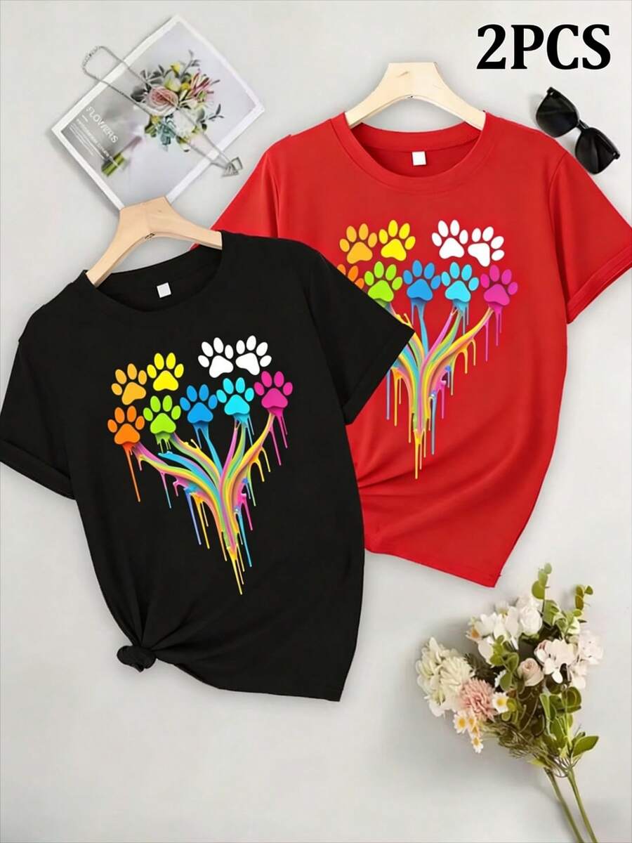 Plus Size T-Shirt With Round Neck, 100% Colorful With Rainbow Paw Print, Casual And Fashionable Style, Ideal For Pet Lovers, Suitable For Women's Clothing In Spring And Summer, Mother's Day/Memorial Day/June 16th Day, Sizes 0XL-4XL. - 2件套 款式1 - 查看 1