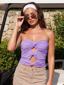 Women Rhinestones Tube Tops Shimmer Twist Cutout Ruched Off-Shoulder Bandeau Backless Shirts for Streetwear - Morado - Ver 2