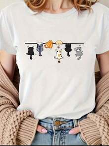 1 pieza de camiseta de manga corta con cuello redondo y estampado gráfico para mujer, cómoda y elegante, adecuada para uso diario casual - Camiseta unisex de estilo vintage urbano, holgada, de algodón, con cuello redondo y manga corta. - Blanco - Ver 5