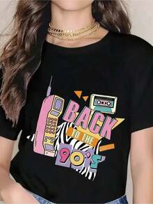 ropa de mujer Camiseta retro de los 90 con diseño de teléfono vintage y casete, camiseta gráfica con temática nostálgica de los 90 para mujer, perfecta para fiestas de los 90, celebraciones de cumpleaños o uso casual camisas de mujer - Negro - Ver 6