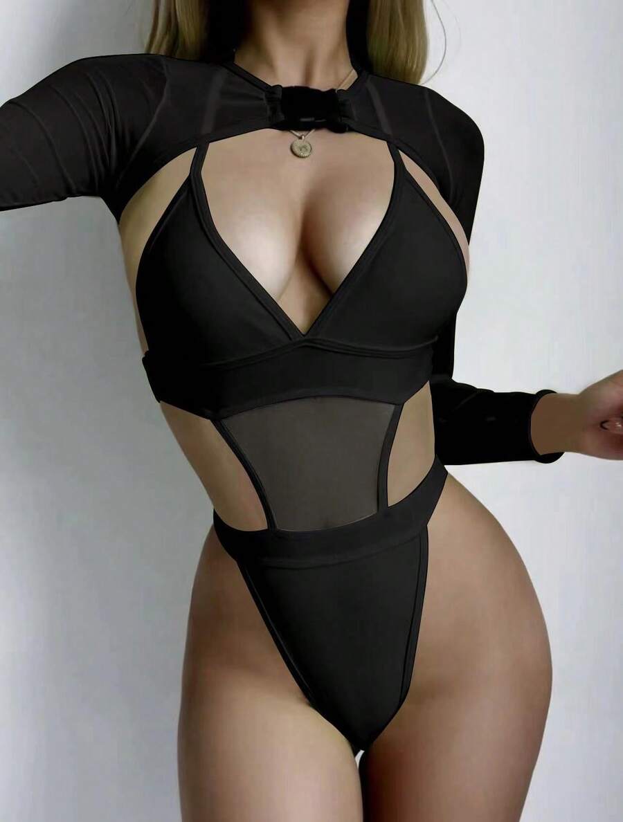 Bikini Sexy de 3 Piezas para Mujer con Falda de Malla, Estilo Playa y Vacaciones - Negro - Ver 1