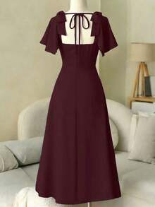 YHHEMERY ROSE Vestido azul de mujer con cuello cuadrado, lazo en la espalda y falda acampanada. Diseño elegante de alta calidad, adecuado como regalo de cumpleaños, para citas, fiestas, Día de San Valentín, Día del Trabajo, Día del Maestro, vuelta al colegio, viajes. Vestido de Moda Primavera/Verano YHH - Rojo violeta - Ver 2