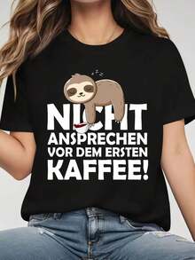 Camiseta casual de mujer de manga corta y cuello redondo con estampado de relajado y café, para primavera - verano, ocio diario, atuendo diario, celebración de festival - Negro - Ver 1