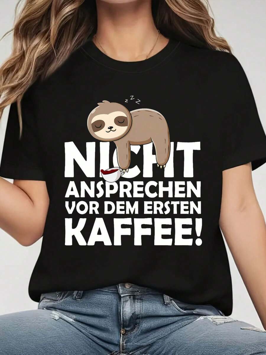 Camiseta casual de mujer de manga corta y cuello redondo con estampado de relajado y café, para primavera - verano, ocio diario, atuendo diario, celebración de festival - Negro - Ver 1