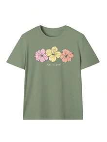 Camiseta de manga corta con cuello redondo elástico, estampado de hibisco y eslogan colorido, nuevo estilo de verano para mujer. Estilo retro suave, llamativo y cómodo, adecuado para el campus/ir al trabajo, reuniones de fin de semana, fiestas de verano en el patio, citas informales de verano. - Verde Oliva - Ver 3