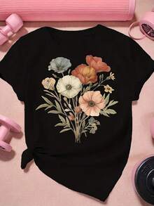 Soft, 100% Cotton Printed T-Shirt For Women, Bright And Colorful Orange, Short Sleeves, Crew Neck, Casual And Stylish, Perfect For Summer Beach Parties, Picnics - Breathable For Spring/Summer, Ideal For Easter, Halloween, Thanksgiving, And More. Breathable Cotton T-Shirt, Goes With Everything. - 黑色 - 查看 6