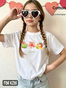 Girls Summer Beach Style Fruit Print Short Sleeve T-Shirt, Tween Girl Summer Clothes, 1pc Customized 6-12 Years Old Big Kids Summer Top, Unisex Basic T-Shirt, Fun Casual Versatile, Daily Wear, Sports, Carnival, Birthday Party, Children's Graduation Ceremony, Y2K Style, Vacation Travel Beach Outfit - White - View 5