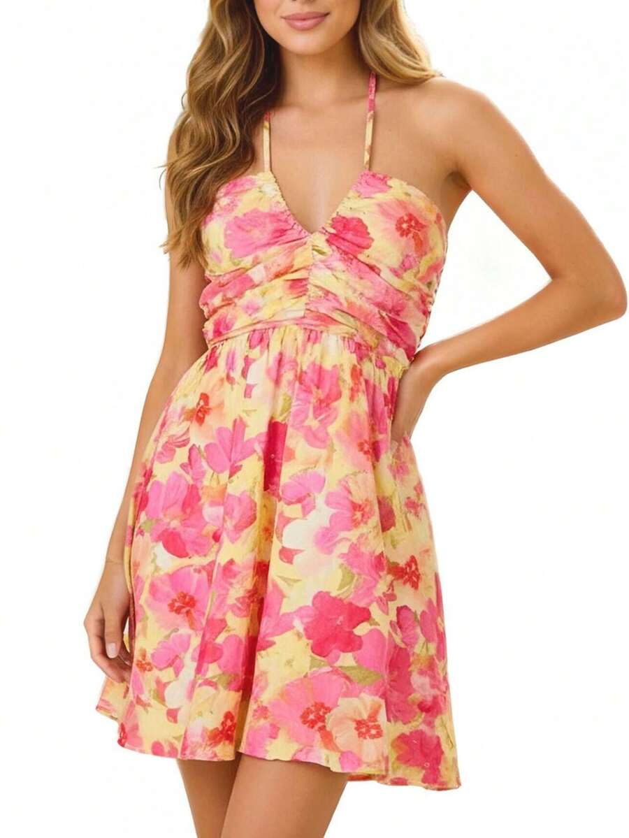 Women's Floral Halter Neck Mini Dress Ruched Backless A-Line Maternity Party Dress With Adjustable Self-Tie - Rosa - Ver 1