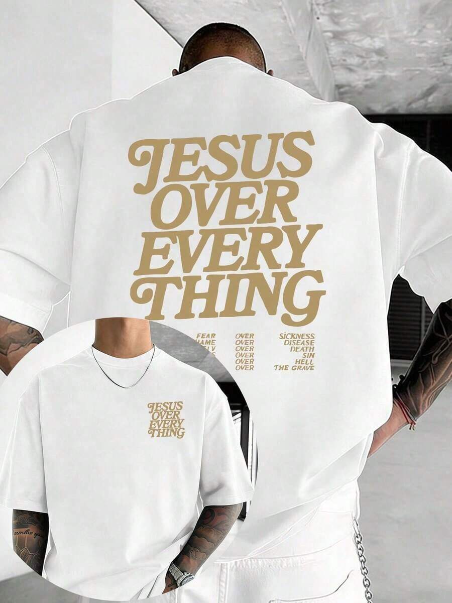 GiftJESUS OVER EVERYTING "Camiseta de Verano para Hombre, Camiseta con Estampado de Jesús en Ambos Lados, Camiseta de Fe Cristiana, Camiseta de Manga Corta de Alta Calidad 100% Algodón, Diseño de Cuello Redondo, Suave y Transpirable, Adecuada para Creyentes Cristianos y Entusiastas de la Cultura de la Fe, Apta para Hombres y Mujeres, Regalo para las Fiestas, Mejor Regalo para Novios, Regalo para Hombres. - Blanco - Ver 1