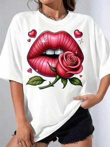 Girls' Black And White T-Shirt, White T-Shirt With Red And Pink Lips Print For Casual Wear, Outdoor Parties, 180g Casual Printed T-Shirt - 白色 - 查看 7