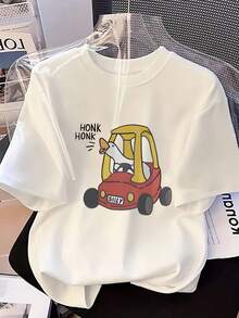 Camiseta de Mujer Oversize Blanca con Estampado Gráfico de Pato Divertido Conduciendo Go Kart - Diseño "Honk Honk" de Pato y Go Kart, Cuello Redondo de Alta Elasticidad, Manga Corta, Camiseta Casual de Verano, Transpirable, Ideal para Eventos Temáticos y Fiestas, Lavable a Máquina, Diseño de Dibujos Animados con Pato Conduciendo Go Kart Rojo, Corte Relajado para Todas las Temporadas, Estilo Casual y Divertido, Camisetas para Salir para Mujer - Blanco - Ver 1