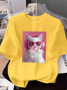 Camiseta de manga corta para mujer, estampada con diseño de gato, cuello redondo, estilo casual para todas las estaciones, ideal para vacaciones de verano. - Negro - Ver 7