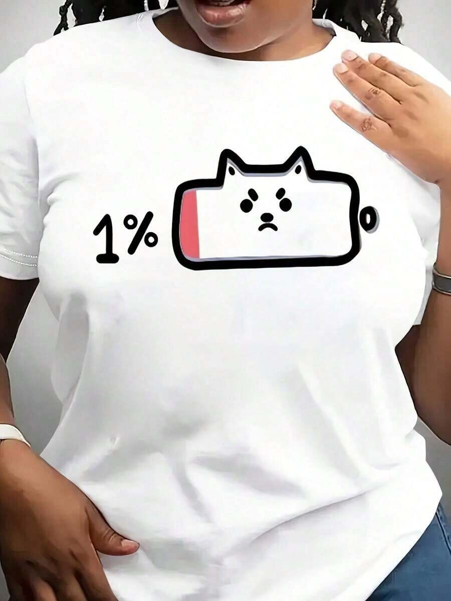 Camiseta de Mujer 100% Algodón con Lindos Gatos de Dibujos Animados y Estampado de Batería al 1% - Camiseta Casual de Manga Corta con Cuello Redondo Suave, Lavable a Máquina, Ropa Casual Juvenil de Estilo Urbano, Camiseta para Mujer - Blanco - Ver 1