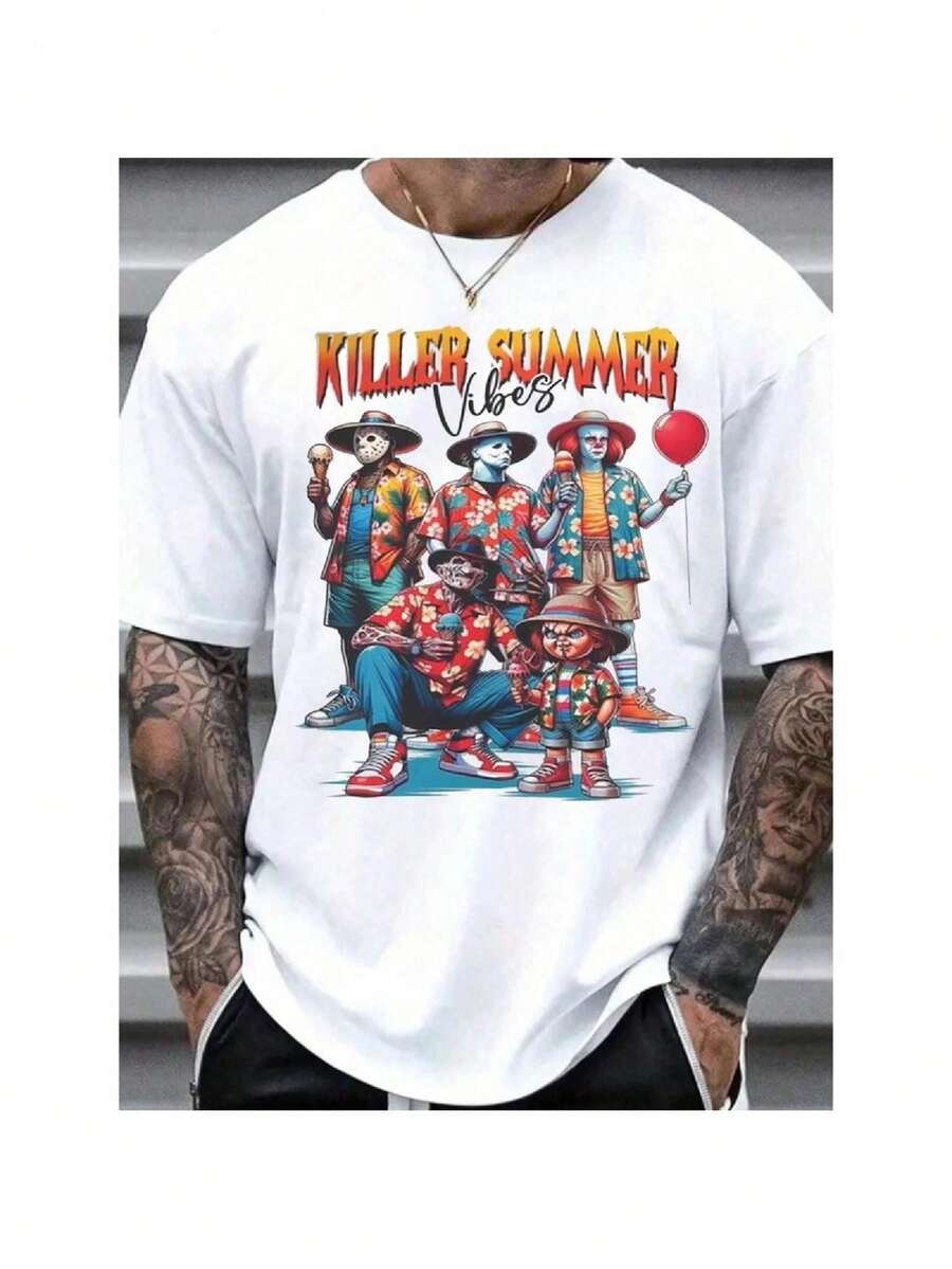 [100% Cotton] Horrorcharacters T-shirt, Regular Fit, Comfort T-shirt, unisex Tshirt, Top Menswear Streetwear Shortsleeve Crewneck Tropical Casual Tshirt - Branco - Ver 1