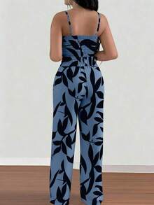2 piezas Conjunto de top de camiseta elástica de tirantes finos y pantalones de pierna ancha con lazo delantero para mujer - Azul - Ver 2