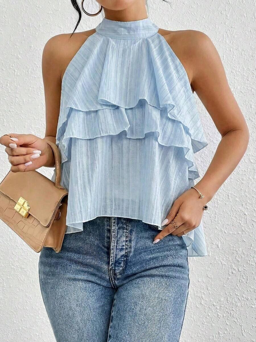 Blusa de gasa con volantes asimétricos y cuello suelto - Celeste - Ver 1