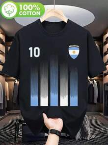 Camisetas Gráficas - Camiseta de Fútbol de Argentina para Hombre - con Rayas Blancas y Diseño del Número 10, Camiseta Gráfica Casual con Emblema de la Bandera Argentina, Tejido Transpirable Lavable a Máquina para Ropa Deportiva y Casual, Camiseta de Fútbol 100% Algodón - Negro - Ver 6