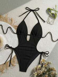 Traje de baño de una pieza con cuello en V de punto jacquard con textura y espalda descubierta, color verde oliva, adecuado para la playa.Traje de baño de una pieza negro, traje de baño de mujer con cuello halter - Negro - Ver 8