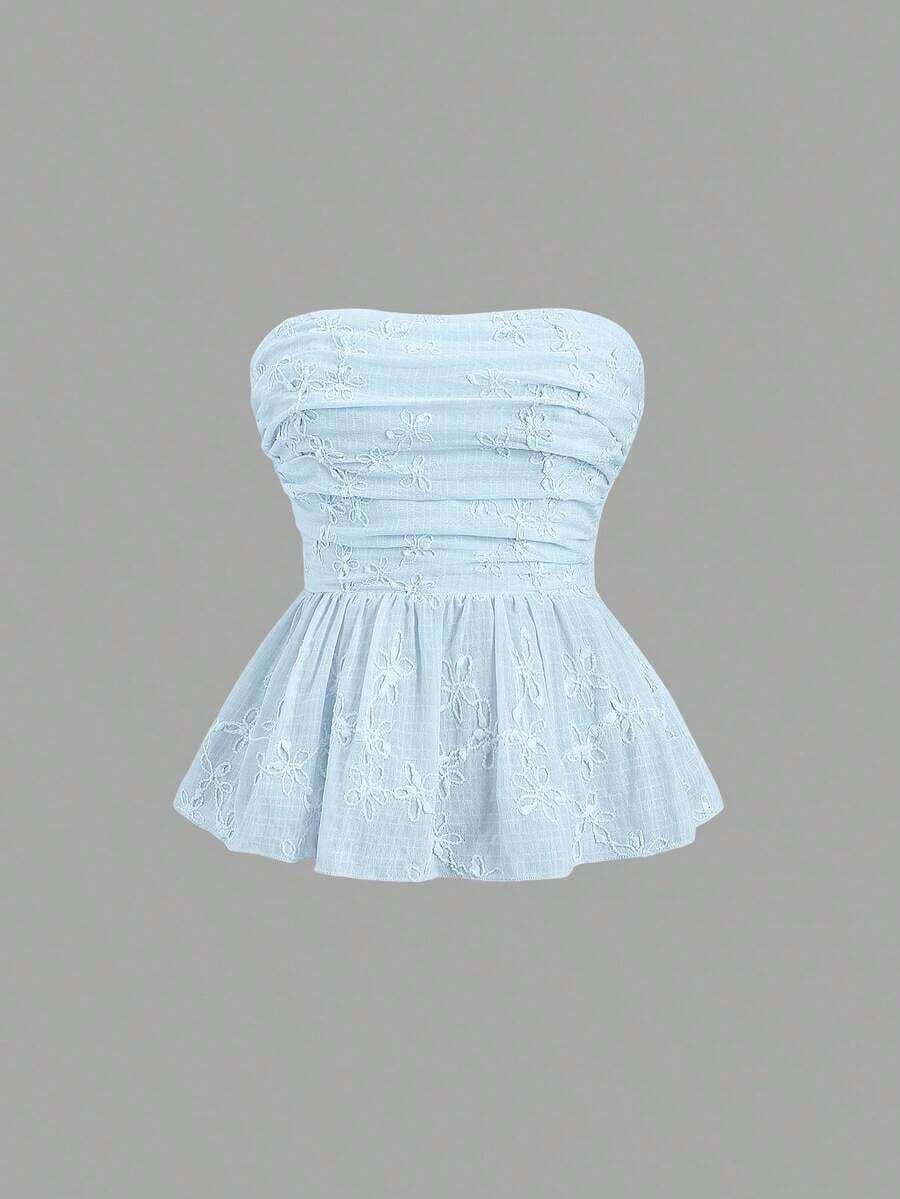 Top tubo con fruncido bordado para mujer, conjunto de estilo Y2K - Azul - Ver 1