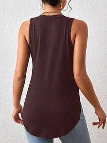 1 pieza Camiseta casual de mujer de cuello redondo y bajo con abertura lateral de un solo color - Marrón - Ver 2